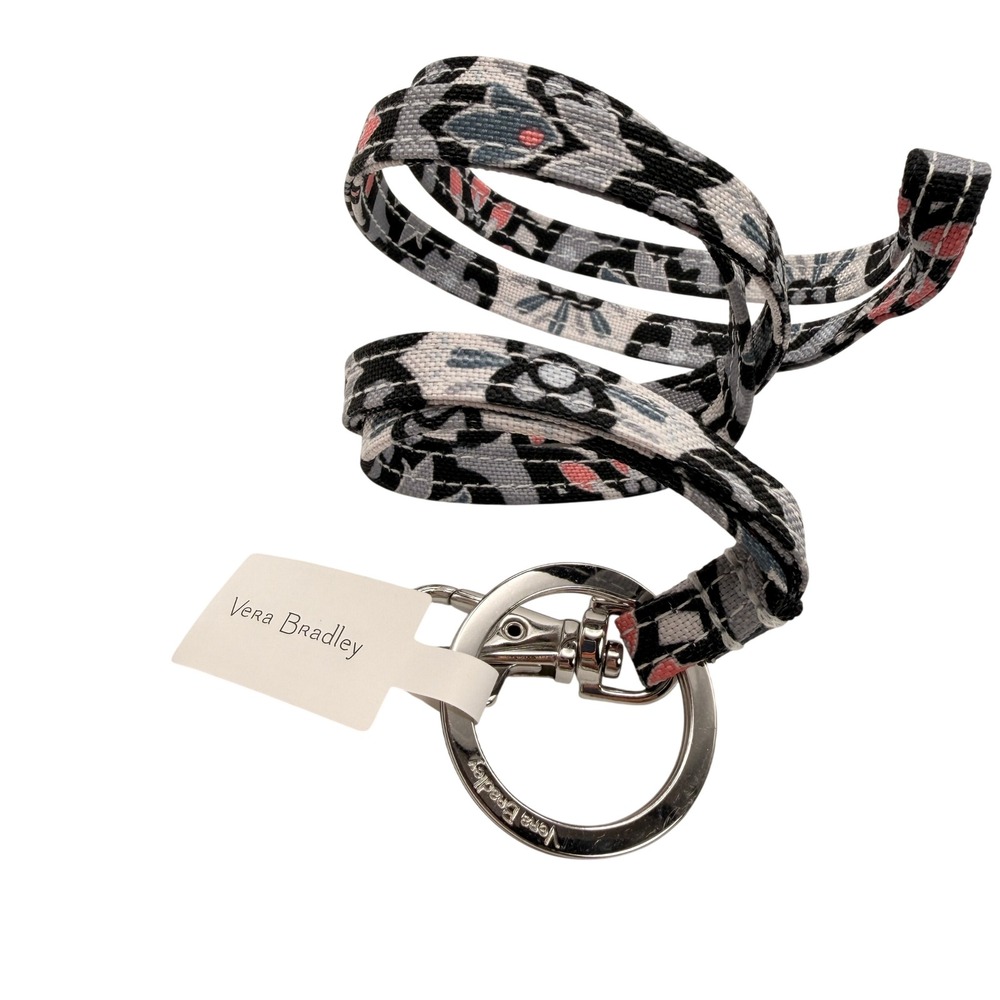 Vera Bradley Lighten Up Lanyard Lisbon Medallion Floral Grey Pink Keychain Badge